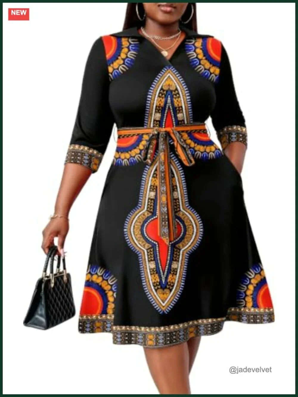 Plus Size Midi Dress Flutter Sleeve Wrap V-Neck A-Line with Pockets and Belt